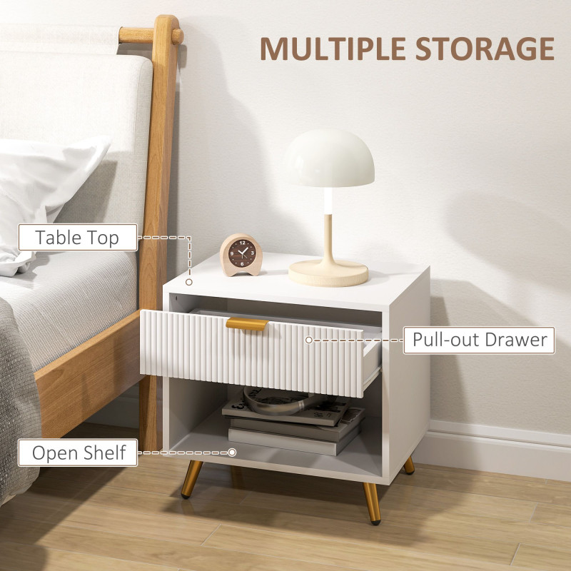 Nightstand with Fluted Panel, Bedside Table with Drawer and Open Compartment, Modern Night Table for Bedroom, White