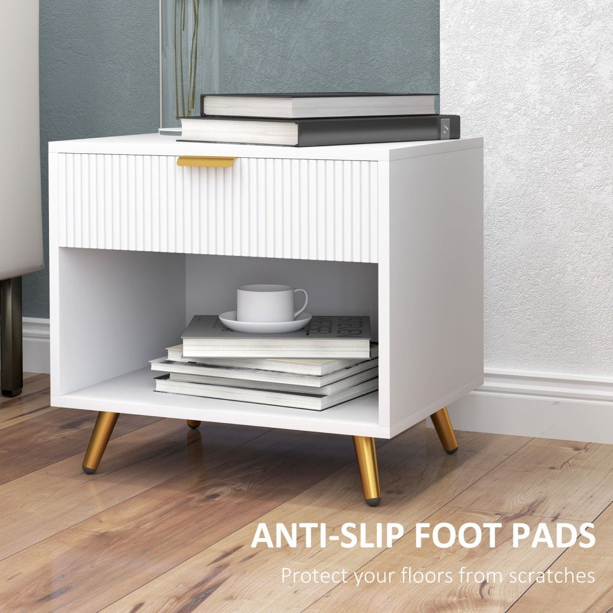 Nightstand with Fluted Panel, Bedside Table with Drawer and Open Compartment, Modern Night Table for Bedroom, White