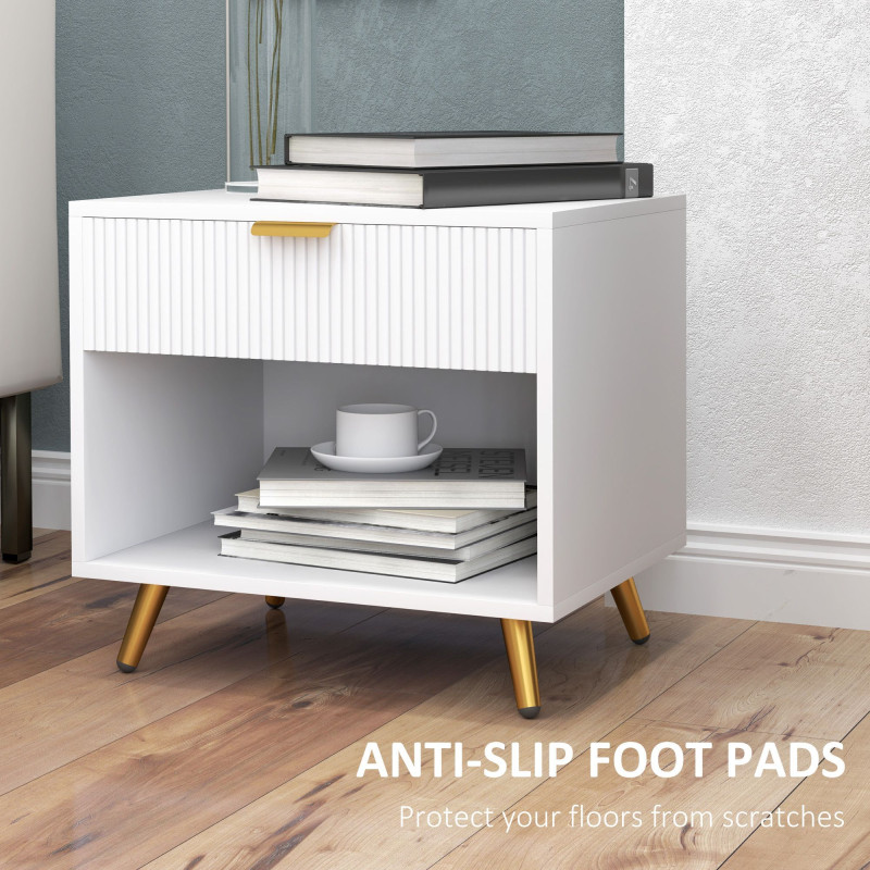 Nightstand with Fluted Panel, Bedside Table with Drawer and Open Compartment, Modern Night Table for Bedroom, White