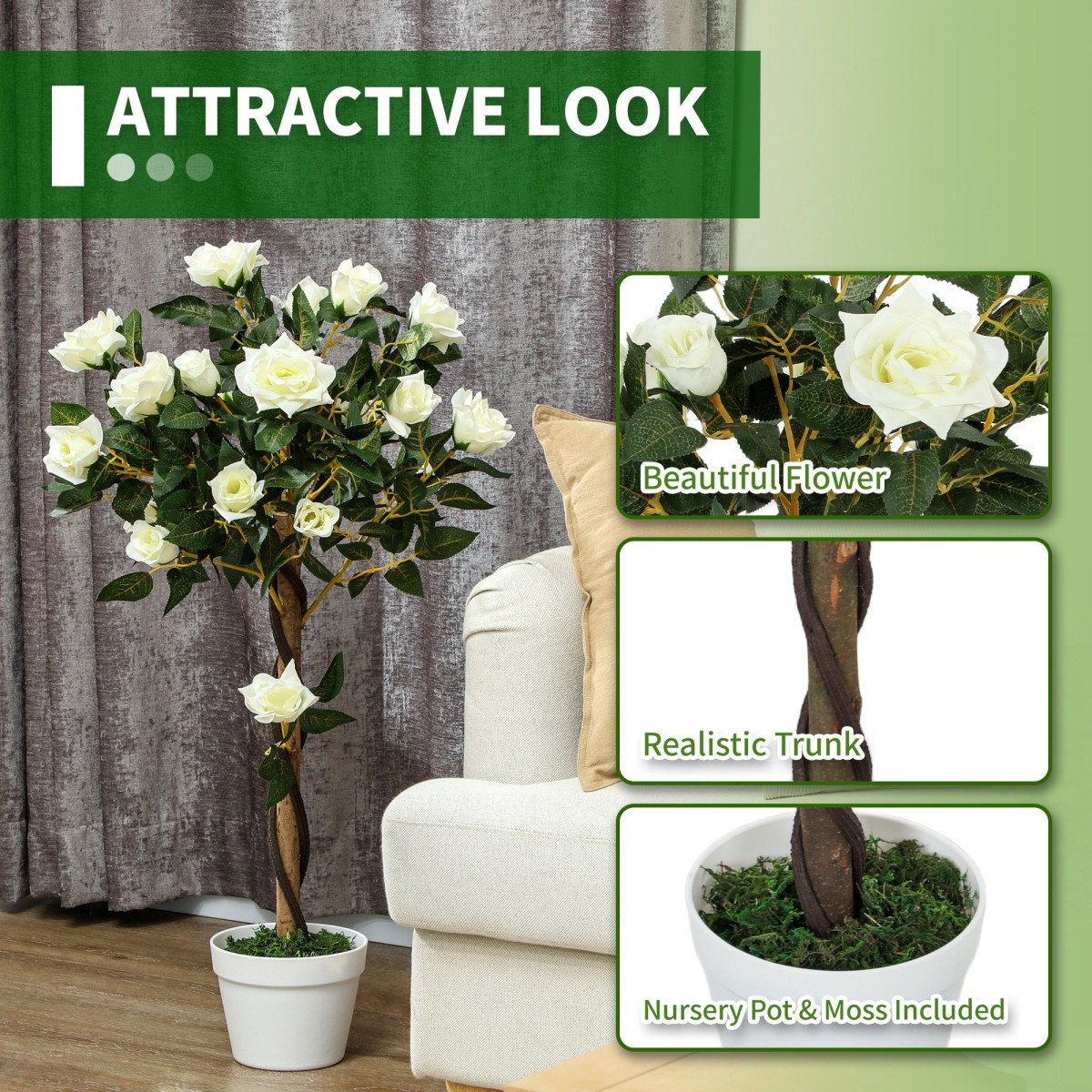 3FT Artificial Plant White Rose Floral Set of 2 in Pot, Fake Plant for Home Indoor Decor