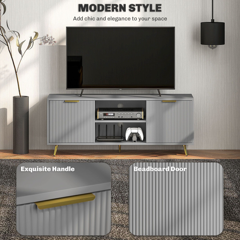 TV Stand with Storage for 55 Inch TV, Modern TV Cabinet with 2 Open Shelves and 2 Cabinets for Living Room, Grey