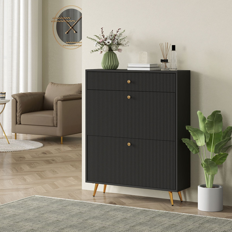 Narrow Shoe Storage Cabinet with Wave-like Panels and Adjustable Shelves for 12 Pairs of Shoes, Black