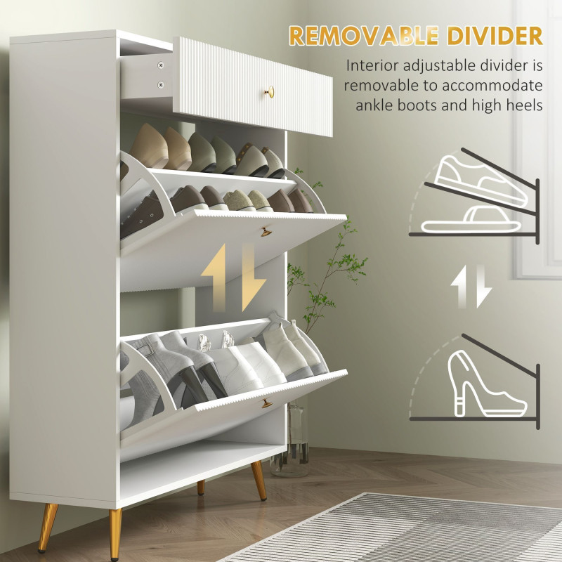 Narrow Shoe Storage Cabinet with Wave-like Panels and Adjustable Shelves for 12 Pairs of Shoes, White
