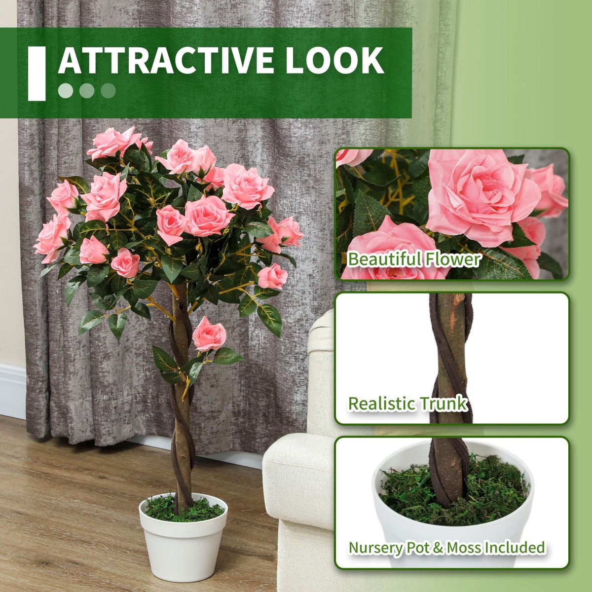 3FT Artificial Plant Pink Rose Floral Set of 2 in Pot, Fake Plant for Home Indoor Decor