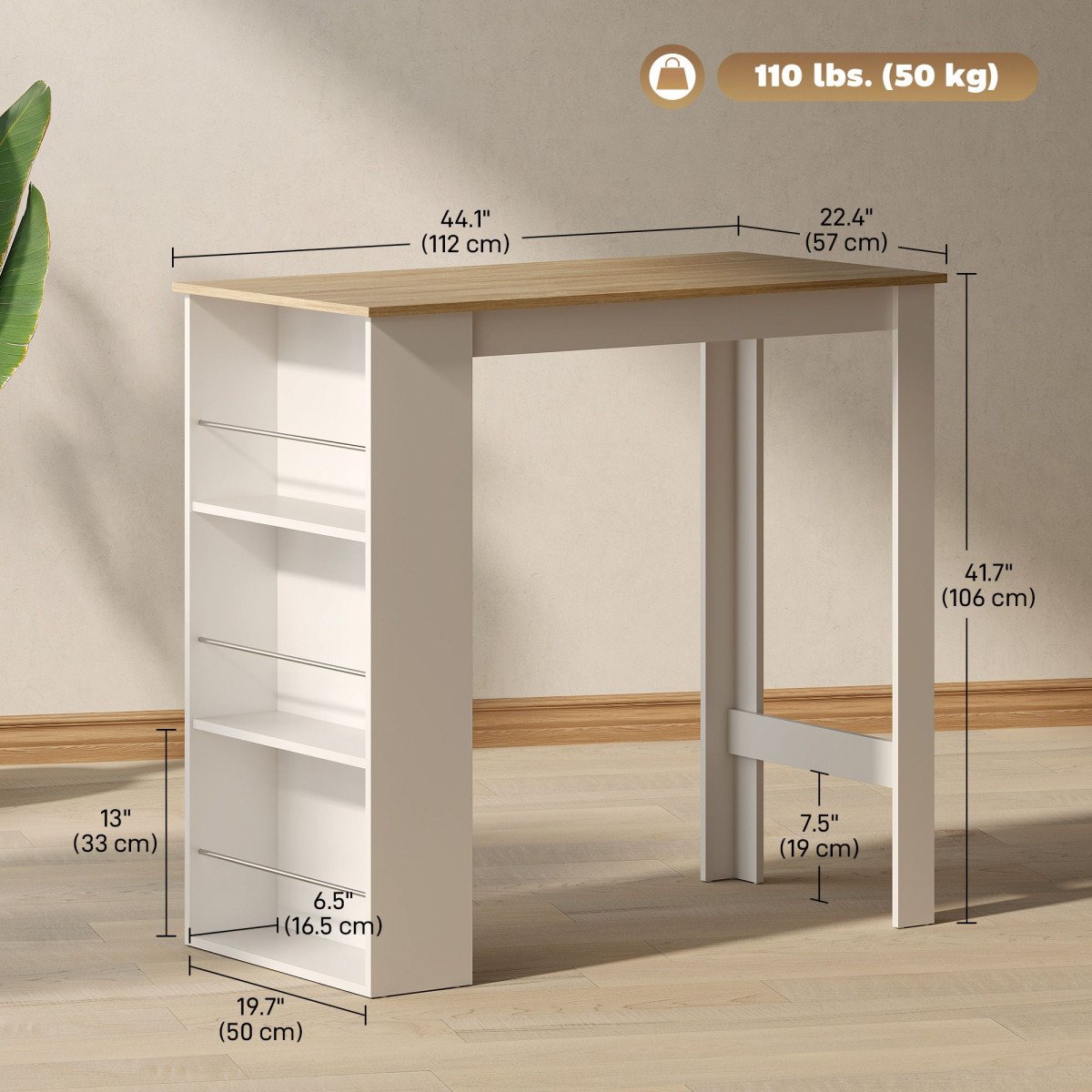 Bar Table Counter Height Dining Table with 3 Storage Shelves for Kitchen, Dining Room, Living Room, White