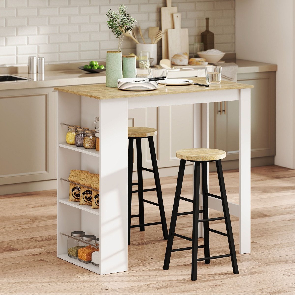 Bar Table Counter Height Dining Table with 3 Storage Shelves for Kitchen, Dining Room, Living Room, White