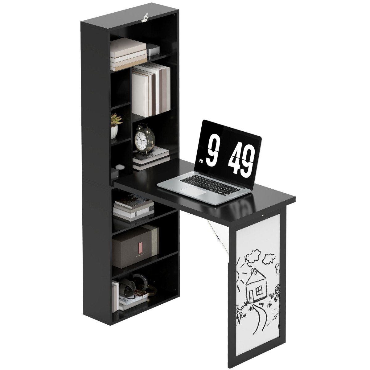 Fold-out Convertible Office Desk, Wall Mount Computer Desk with Whiteboard and Side Shelf, Black
