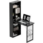 Fold-out Convertible Office Desk, Wall Mount Computer Desk with Whiteboard and Side Shelf, Black