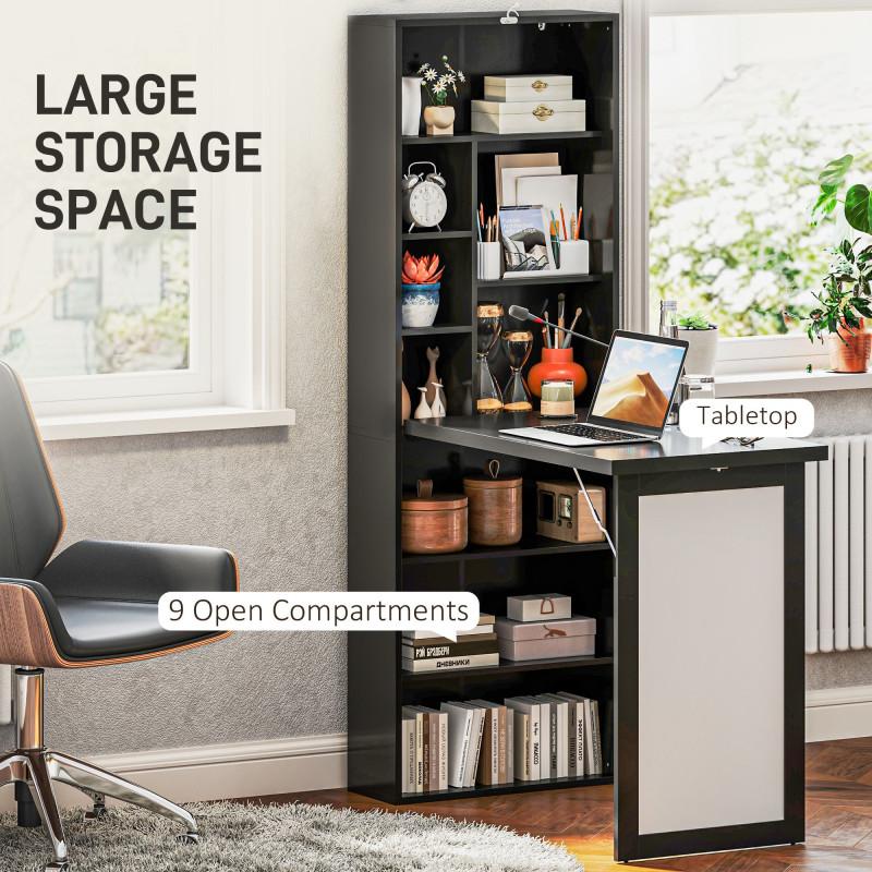 Fold-out Convertible Office Desk, Wall Mount Computer Desk with Whiteboard and Side Shelf, Black
