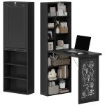 Fold-out Convertible Office Desk, Wall Mount Computer Desk with Blackboard and Side Shelf, Black