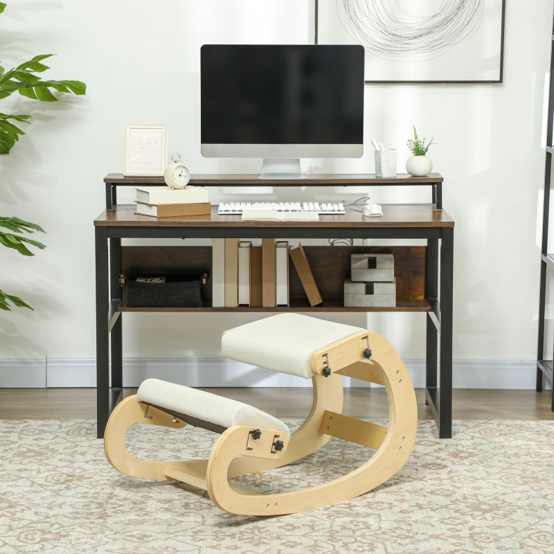 Ergonomic Kneeling Chair, Adjustable Rocking Wood Kneeling Stool, Desk Chair, Improve Posture, Cream White