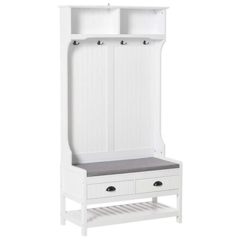 Coat Rack Shoe Bench, Hall Tree with Bench and Shoe Storage, Entryway Bench with 4 Hooks, 2 Drawers, 2 Shelves, White