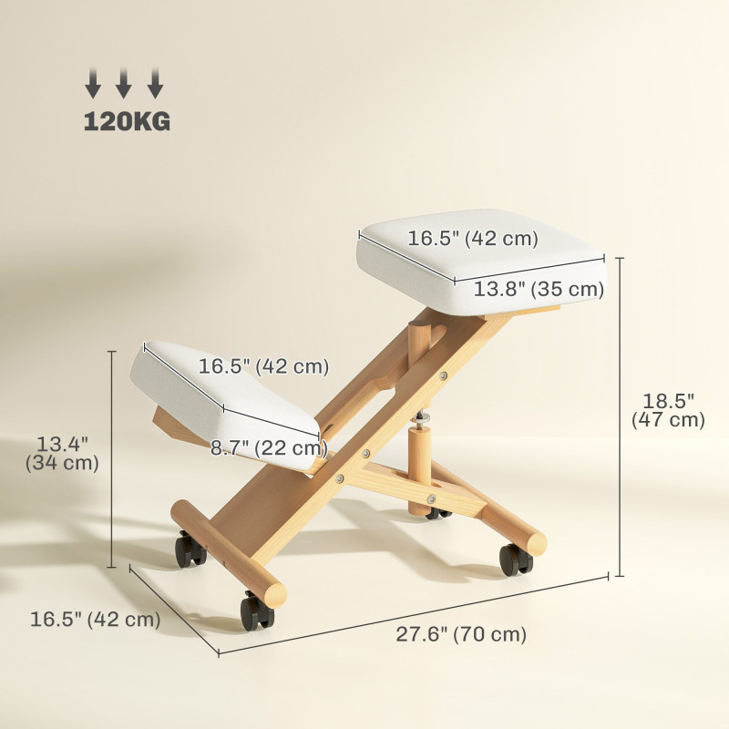 Ergonomic Kneeling Chair, Posture Chair with Rubberwood Frame, Wheels for Office, Posture Correction, Cream White