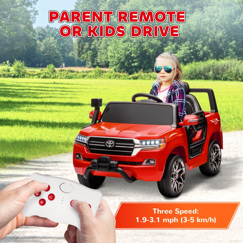 Qaba 12V Toyota LAND CRUISER Licensed Kids Car w/ Remote Control, Four Wheel Spring Suspension, Soft Start, LED Light, Red