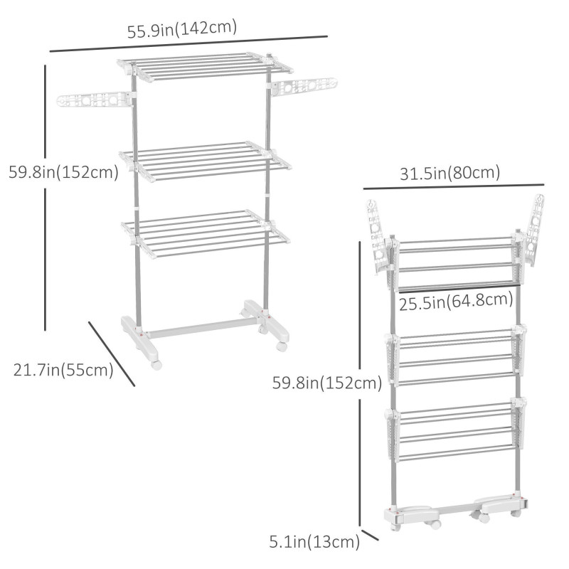 3-Tier Foldable Clothes Drying Rack, Stainless Steel Laundry Rack with 2 Side Wings and 6 Castors, Collapsible Adjustable Clothes Airer for Indoor Outdoor, White
