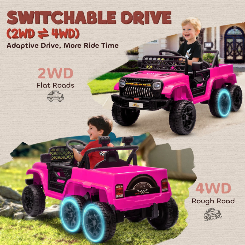 Qaba 12V 4WD/2WD Kids Electric Car w/ Remote Control, Spring Suspension, Back Trailer, Light, Music, Soft Start, Pink