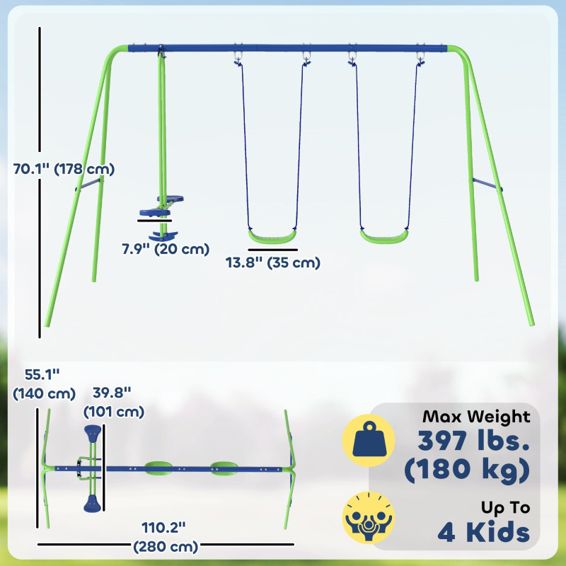 3 in 1 Metal Swing Set with Double Swings, Glider for Backyard, Outdoor, Playgroundt, Green