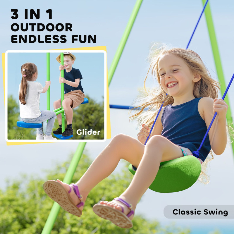 3 in 1 Metal Swing Set with Double Swings, Glider for Backyard, Outdoor, Playgroundt, Green