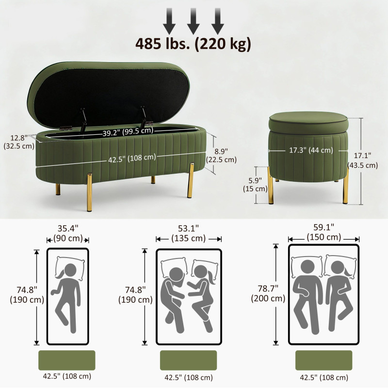 Upholstered Bedroom Bench, Channel Tufted Ottoman Bench with Thick Padding and Metal Legs, Dark Green