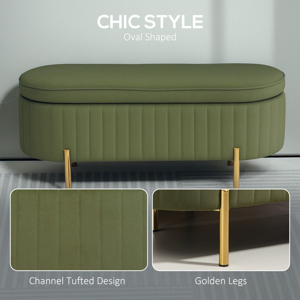 Upholstered Bedroom Bench, Channel Tufted Ottoman Bench with Thick Padding and Metal Legs, Dark Green