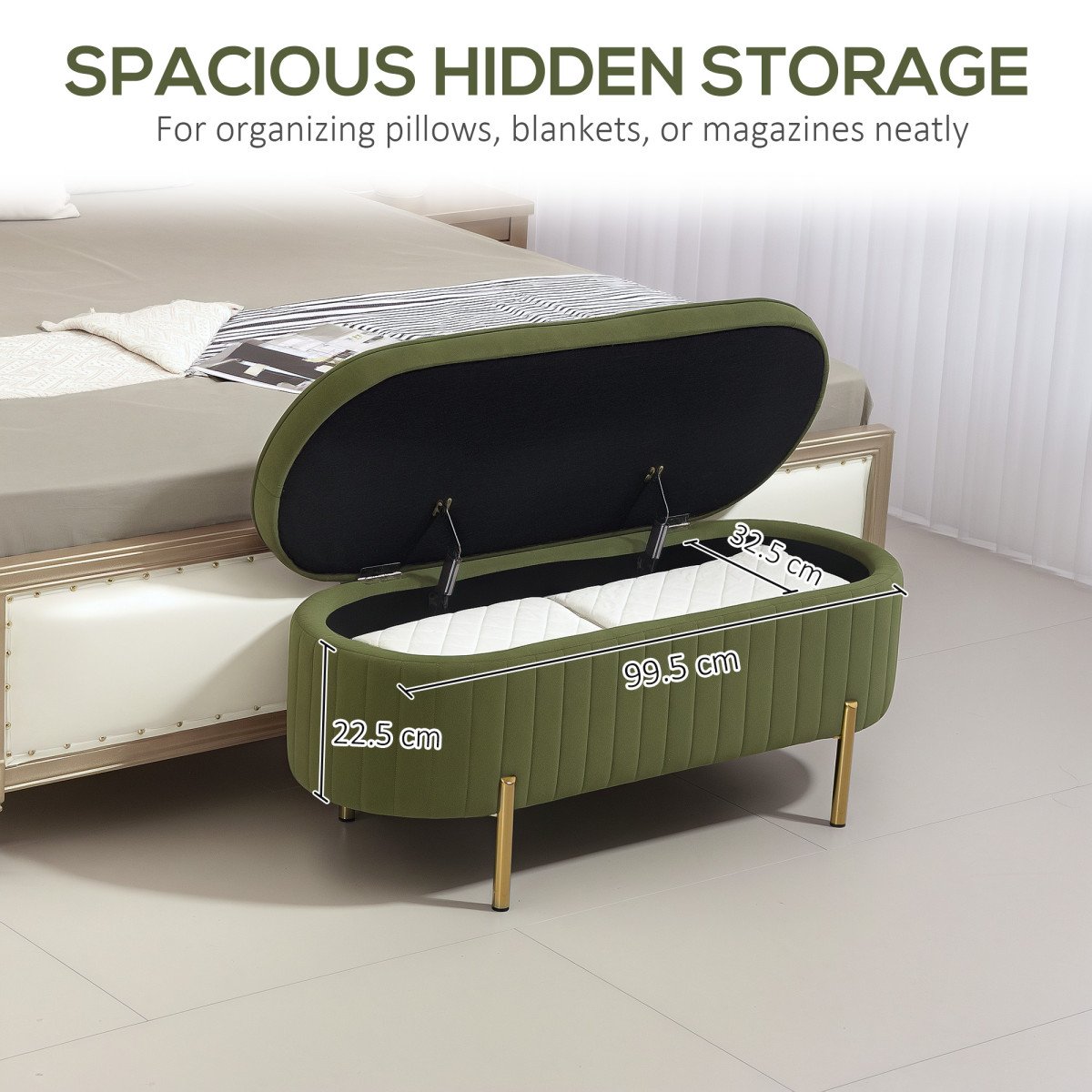 Upholstered Bedroom Bench, Channel Tufted Ottoman Bench with Thick Padding and Metal Legs, Dark Green
