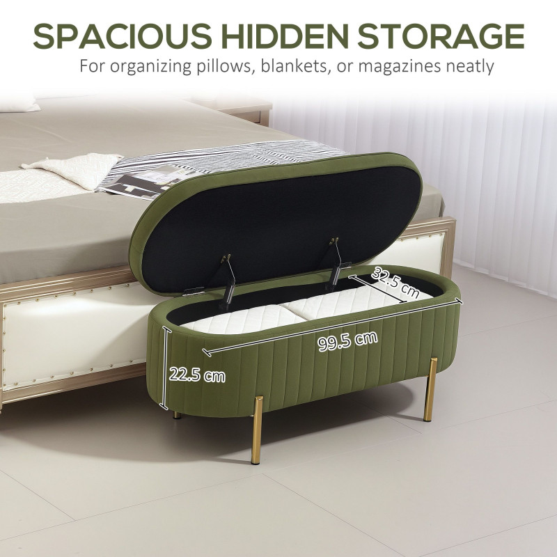 Upholstered Bedroom Bench, Channel Tufted Ottoman Bench with Thick Padding and Metal Legs, Dark Green