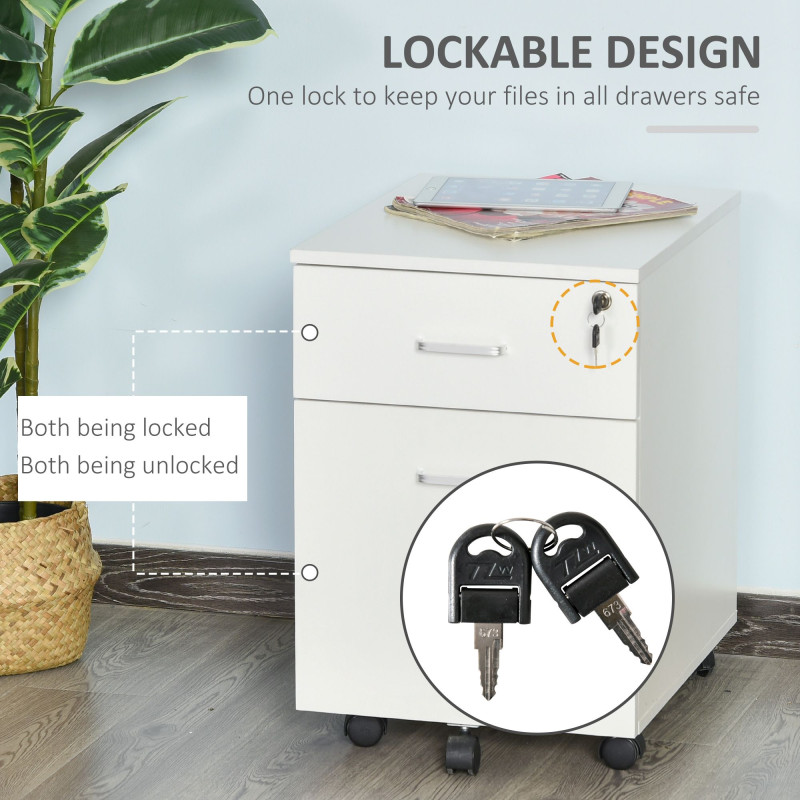 2 Drawer File Cabinet with Lock and Keys, Mobile Vertical Filing Cabinet with Wheels and Drawers, Home Office Cabinet, White