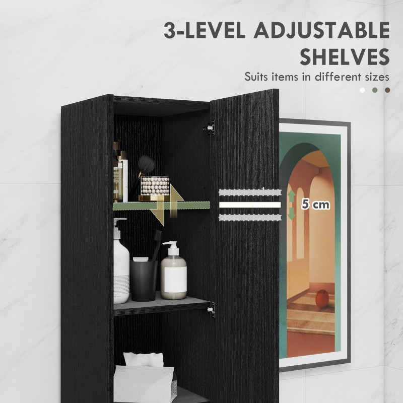 Freestanding Tall Bathroom Storage Cabinet with Adjustable Shelves, Bathroom Organizer, Black Wood Grain
