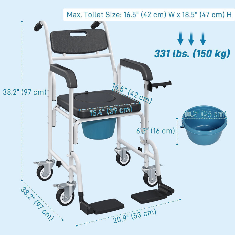 Rolling Shower Chair, Bedside Commode Chair with Wheels, Backrest, Arms, Flip Footrests for Seniors, Disabled, Black
