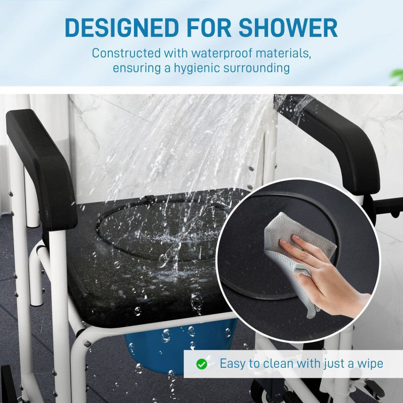 Rolling Shower Chair, Bedside Commode Chair with Wheels, Backrest, Arms, Flip Footrests for Seniors, Disabled, Black