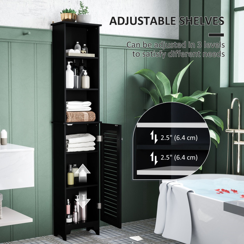 Tall Bathroom Storage Cabinet, Freestanding Linen Tower with 3-Tier Open Adjustable Shelf, Black