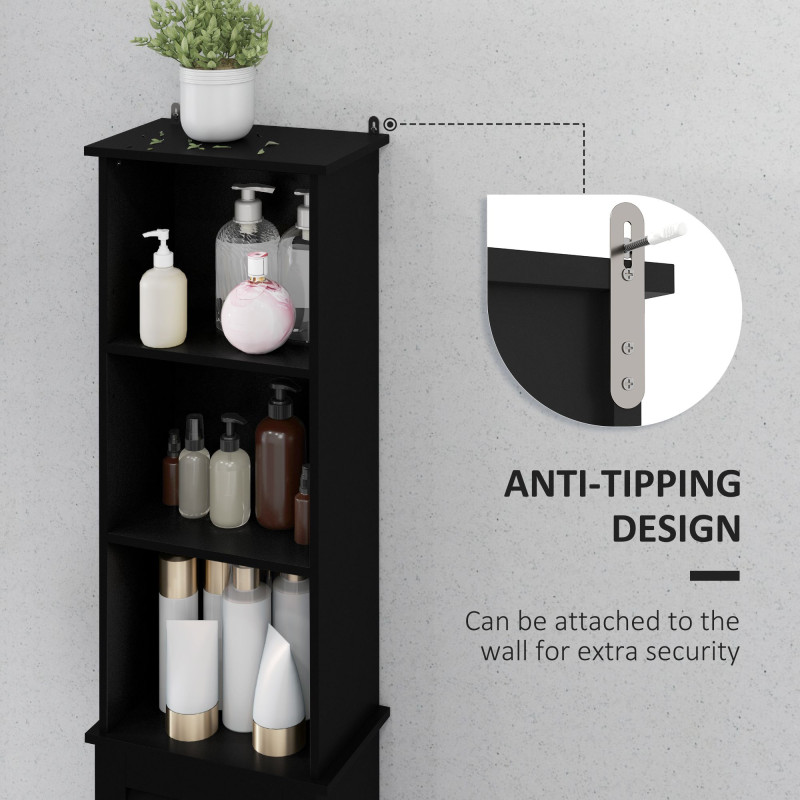 Tall Bathroom Storage Cabinet, Freestanding Linen Tower with 3-Tier Open Adjustable Shelf, Black