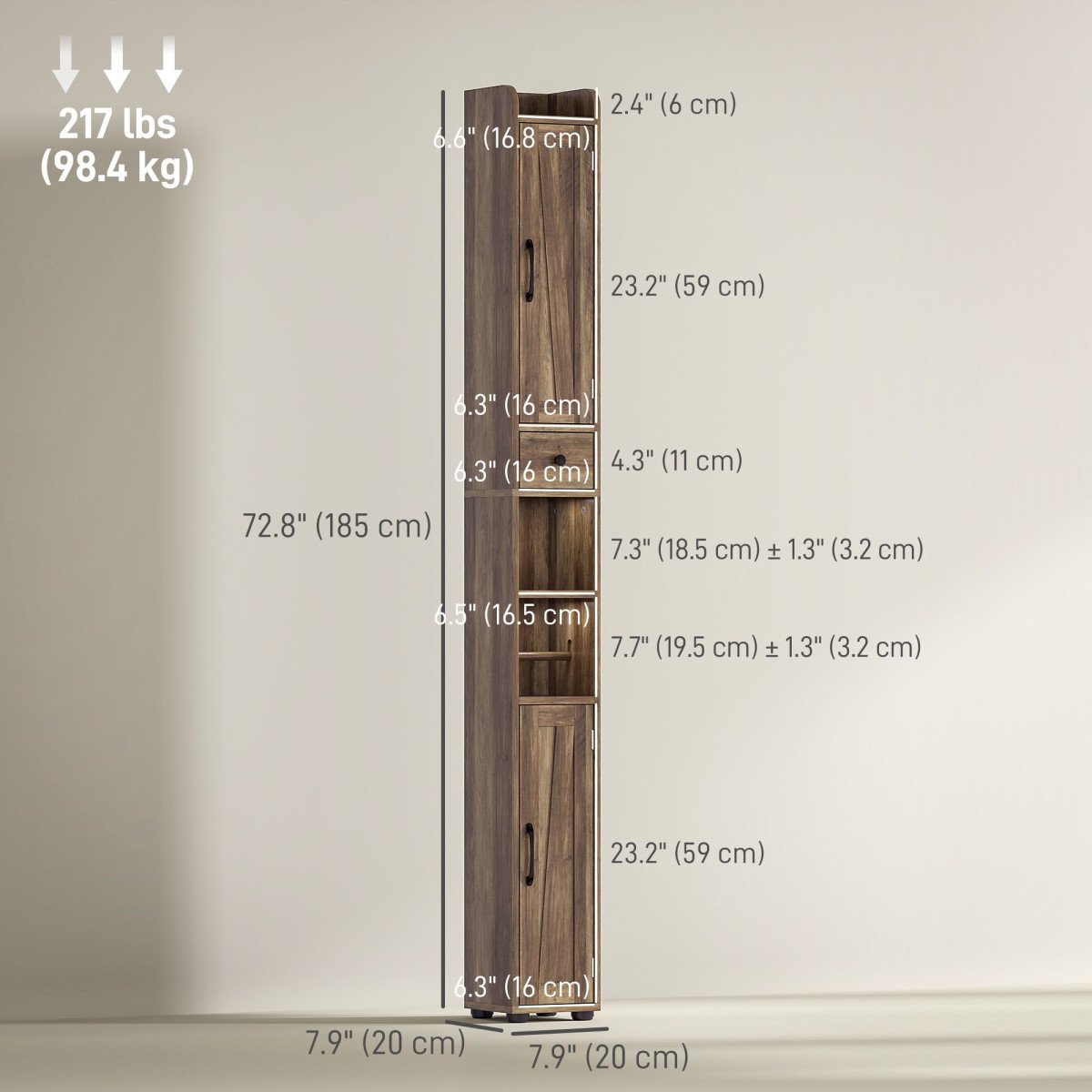 Narrow Bathroom Cabinet, Tall Bathroom Storage Cabinet with Barn Doors, Drawer and Adjustable Shelves, Brown Wood Grain
