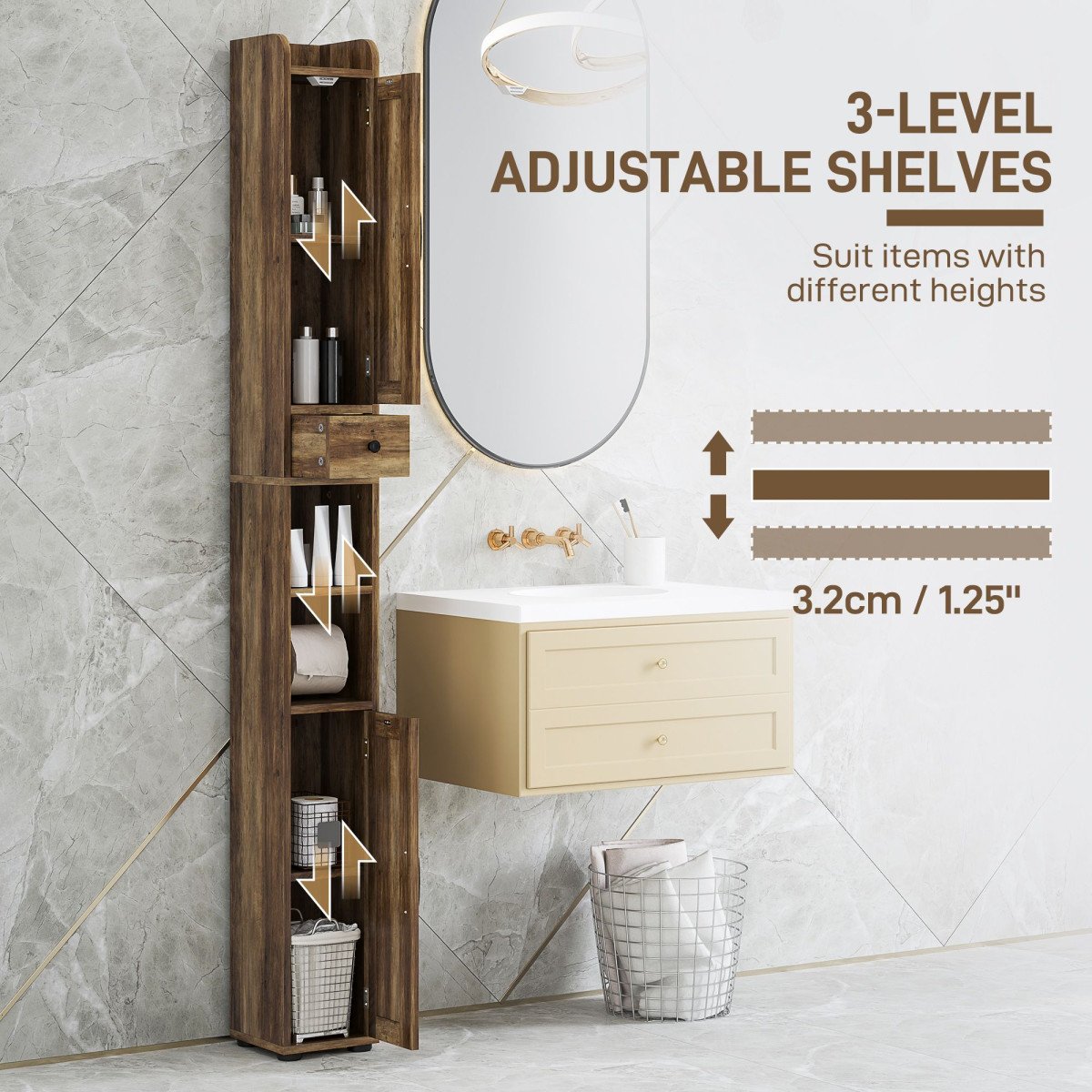 Narrow Bathroom Cabinet, Tall Bathroom Storage Cabinet with Barn Doors, Drawer and Adjustable Shelves, Brown Wood Grain