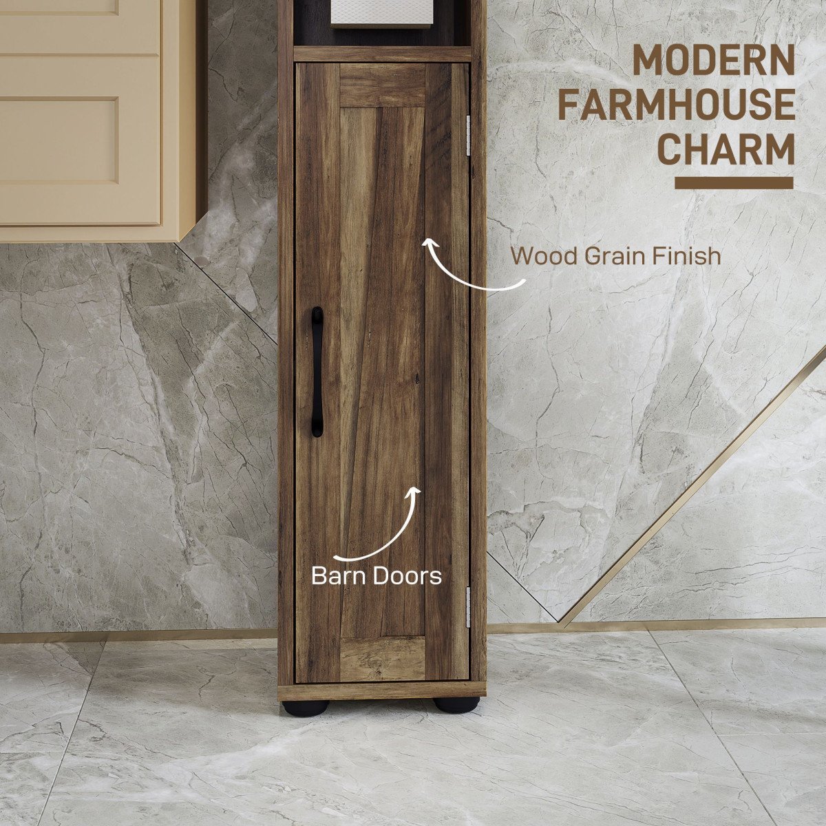 Narrow Bathroom Cabinet, Tall Bathroom Storage Cabinet with Barn Doors, Drawer and Adjustable Shelves, Brown Wood Grain