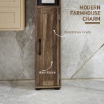 Narrow Bathroom Cabinet, Tall Bathroom Storage Cabinet with Barn Doors, Drawer and Adjustable Shelves, Brown Wood Grain