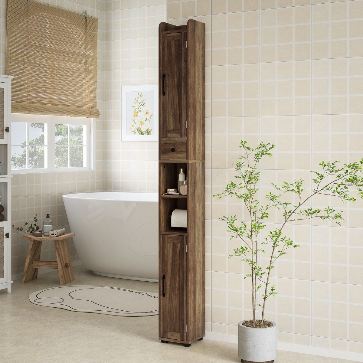 Narrow Bathroom Cabinet, Tall Bathroom Storage Cabinet with Barn Doors, Drawer and Adjustable Shelves, Brown Wood Grain