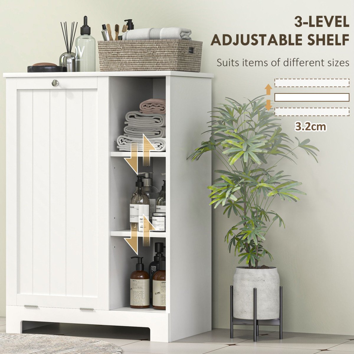 Laundry Cabinet with Removable Basket, Tilt Out Laundry Hamper with Adjustable Shelf and Open Compartments, White