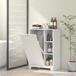 Laundry Cabinet with Removable Basket, Tilt Out Laundry Hamper with Adjustable Shelf and Open Compartments, White