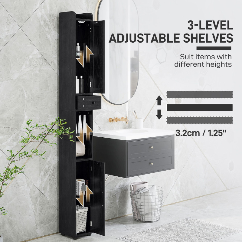 Narrow Bathroom Cabinet, Tall Bathroom Storage Cabinet with Barn Doors, Drawer and Adjustable Shelves, Black Wood Grain
