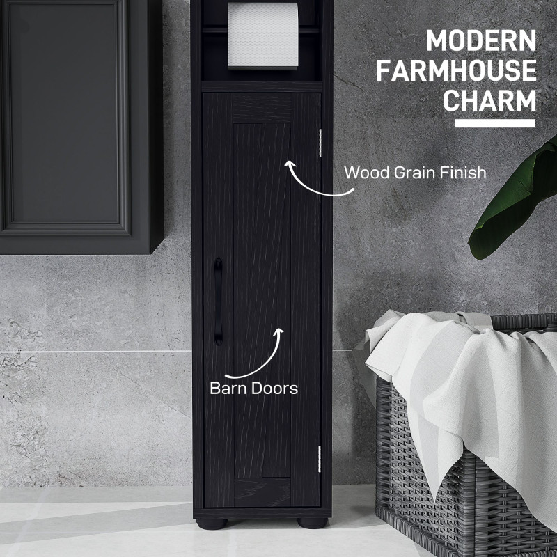 Narrow Bathroom Cabinet, Tall Bathroom Storage Cabinet with Barn Doors, Drawer and Adjustable Shelves, Black Wood Grain