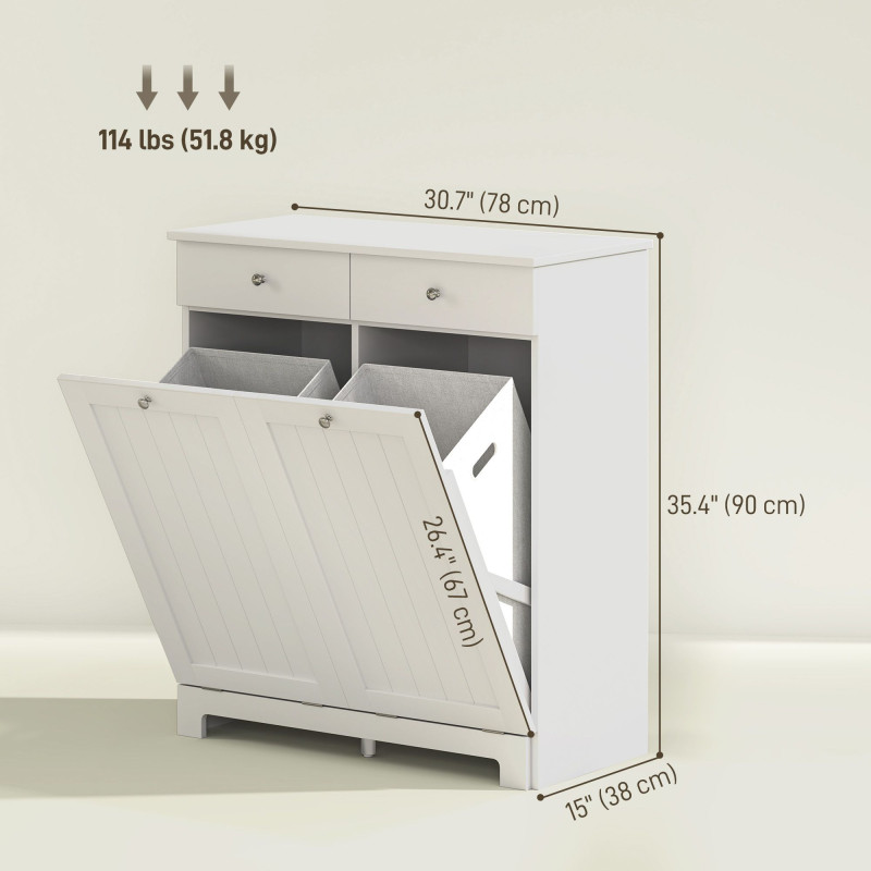 Laundry Cabinet, Tilt Out Laundry Hamper Cabinet with 2 Baskets, Bathroom Hamper Cabinet with 2 Drawers, White