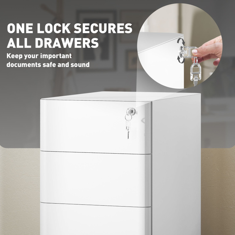 3 Drawer Filing Cabinet, Lockable Steel Office Storage Cabinet with Hanging Bar for Letter, A4, Legal Files, White