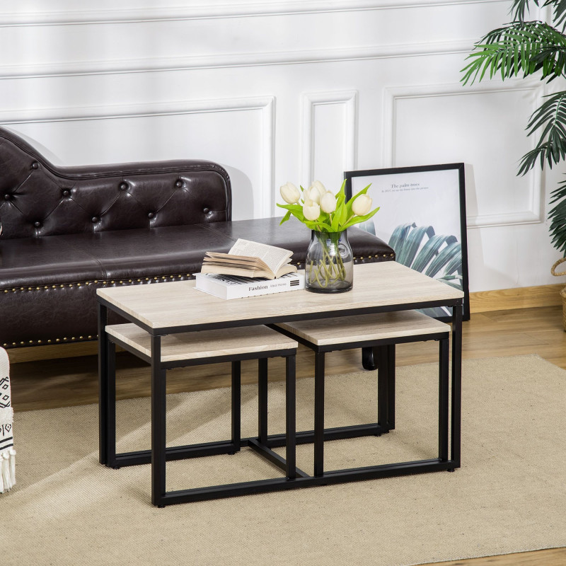 Nesting Coffee Table Set of 3, Modern End Tables with Black Metal Frame for Living Room Home Furniture, Natural