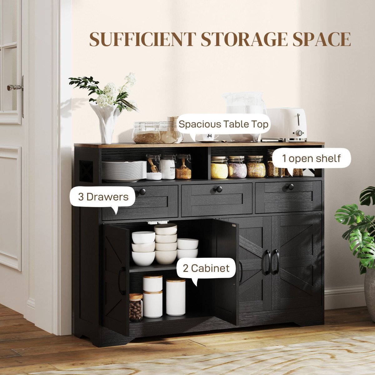 Sideboard, Buffet Cabinet with 4 Barn Doors and 3 Drawers, Coffee Bar Cabinet with Adjustable Shelves, Black
