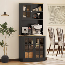 Kitchen Buffet with Hutch, Storage Pantry with 3 Cabinets, 2 Open Shelves and Large Countertop, Black