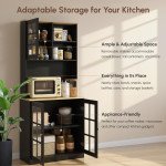 Kitchen Buffet with Hutch, Storage Pantry with 3 Cabinets, 2 Open Shelves and Large Countertop, Black