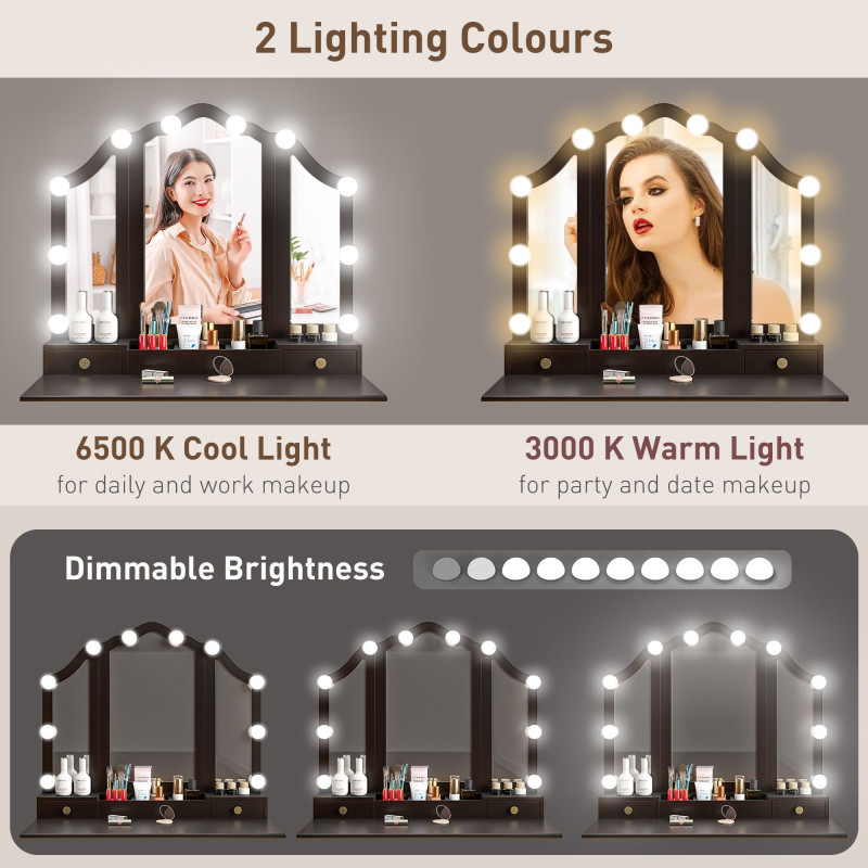 Makeup Vanity Table with Stool, Vanity Set with 10 LED Lights, 5 Drawers and 3 Compartments, Black