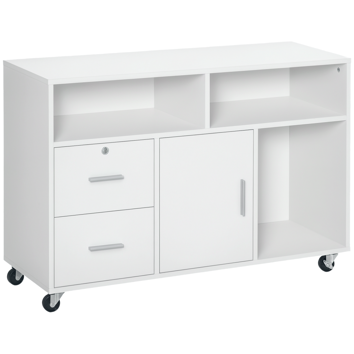 Lateral Filing Cabinet with Open Storage Shelf, Printer Stand Home Office Mobile File Cabinet with Wheels, Lockable Drawer, White