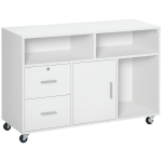 Lateral Filing Cabinet with Open Storage Shelf, Printer Stand Home Office Mobile File Cabinet with Wheels, Lockable Drawer, White